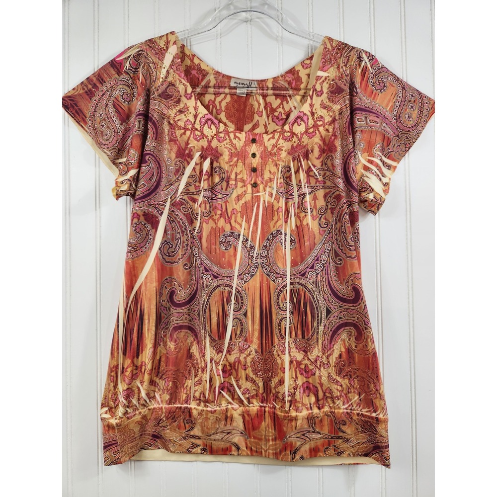 One World Live Women's Paisley Studded Boho Blouse Orange Pink Large Maximalist